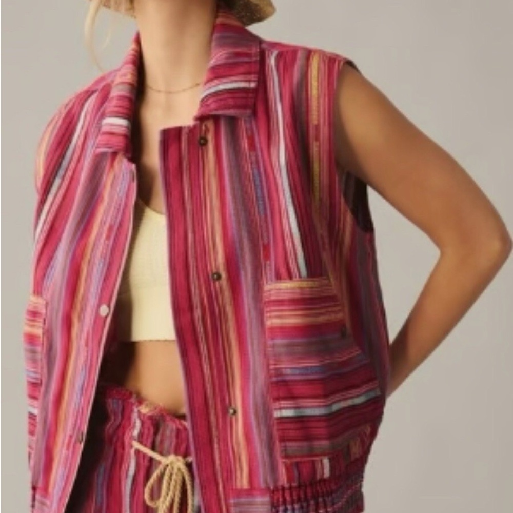 Anthropologie Pink Strip Snap Front Vest